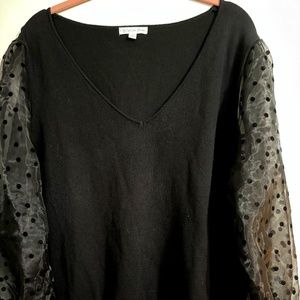 Plus Sized Black v-Neck knit top with gauzy, flocked sheer sleeves